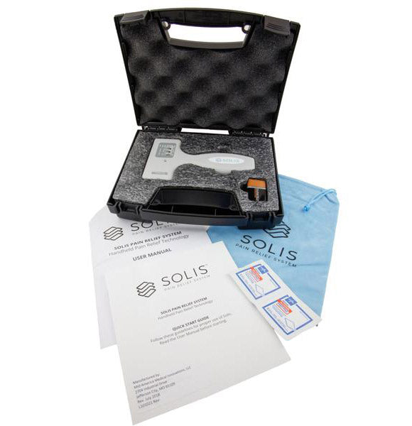 Image of the SOLIS Pain Relief System in its box, which is open, along with the user manuals and carrier bag